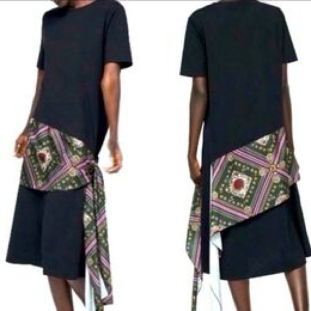 Zara Women’s Dress Black Knit Shirtdress Silk Hip Scarf Short Sleeve